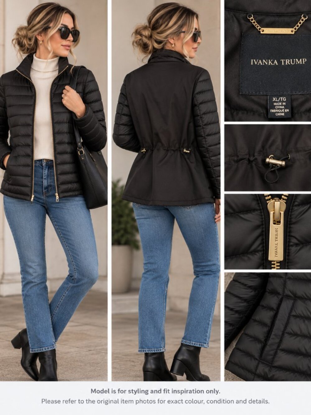 733 - Ivanka Trump Black Lightweight Quilted Puffer Jacket Gold Zip